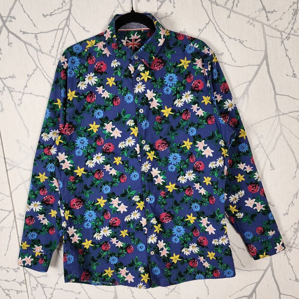 Soul of London Blue Colorful Floral Print 100% Cotton Semi Fitted Shirt